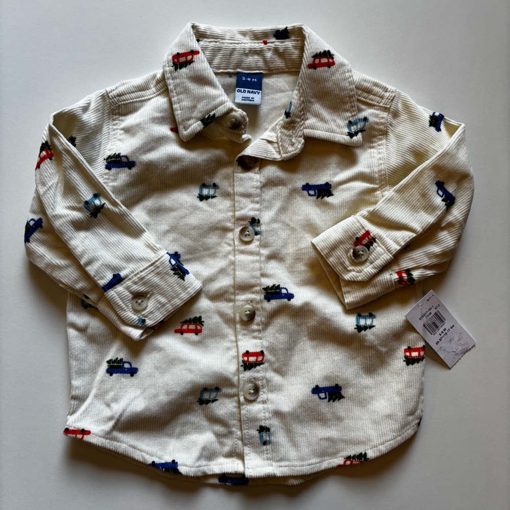 Old Navy Cream Corduroy Button-Up Shirt with Holiday Print
